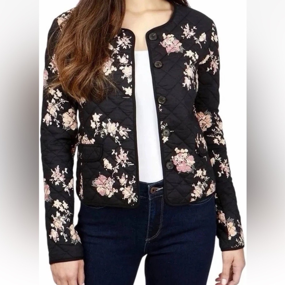 Lucky Brand Quilted Floral Boxy Sweater Cardigan Button Up Women’s Size MEDIUM